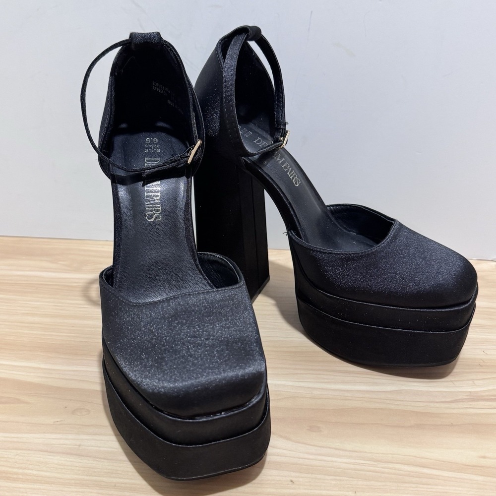 Dream Pairs Satin Chunky Platform Heels Ankle Strap Square Toe Shoes Size 6.5